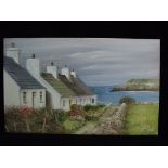 Wales Margaret Hall Watercolour Painting on Board. Holyhead. View of Welsh White Cottages on an