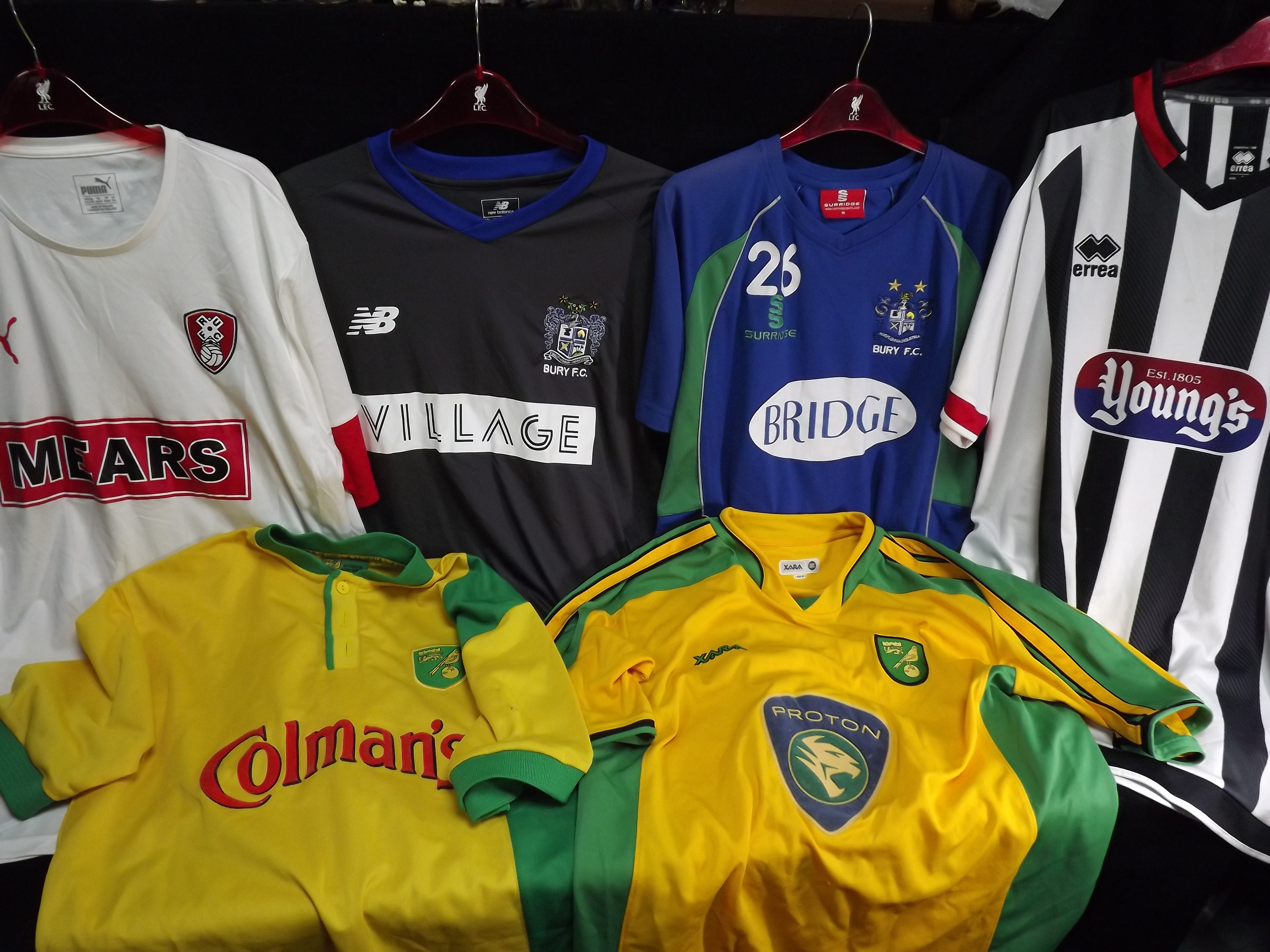 6 x English Football Shirts. Bury Surridge Bridge Blue Green No.26 Shirt(Wear, reverse blank, M),