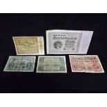 5 x German Banknotes. Reichsbanknote, Darlehenskallenlchein, Berlin, Frankfurt in various