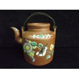 Chinese Large Yixing Clay Teapot. Enamel Decorations with a Bird looking down on a Branch with