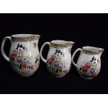 GB Keeling & Co Burslem - 3 x Graduated Jugs. The Dawnay Losolware series. Decorated with Tulip,