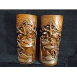 Mirror Pair of Large Chinese Carved Bamboo Brushpots. 20th Century. Depicts four Scholars round a