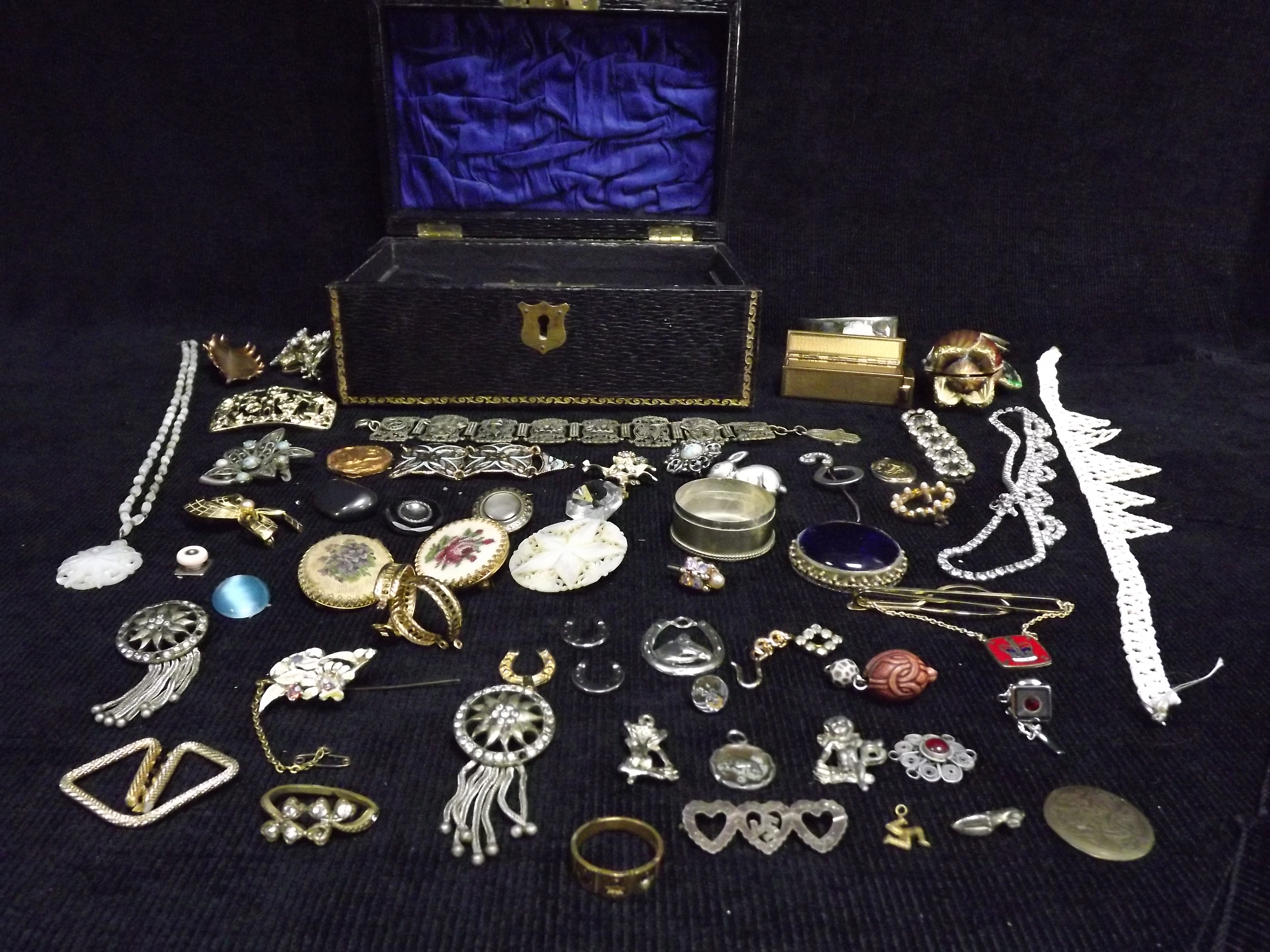 Box of Antique and later Costume Jewelry in wooden covered Box(no key) with small amount of