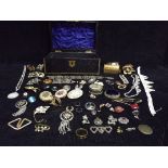 Box of Antique and later Costume Jewelry in wooden covered Box(no key) with small amount of