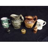 World Ceramics. Unusual European Hunting Jug. White Chalk type painted pottery. Molded Wolves,