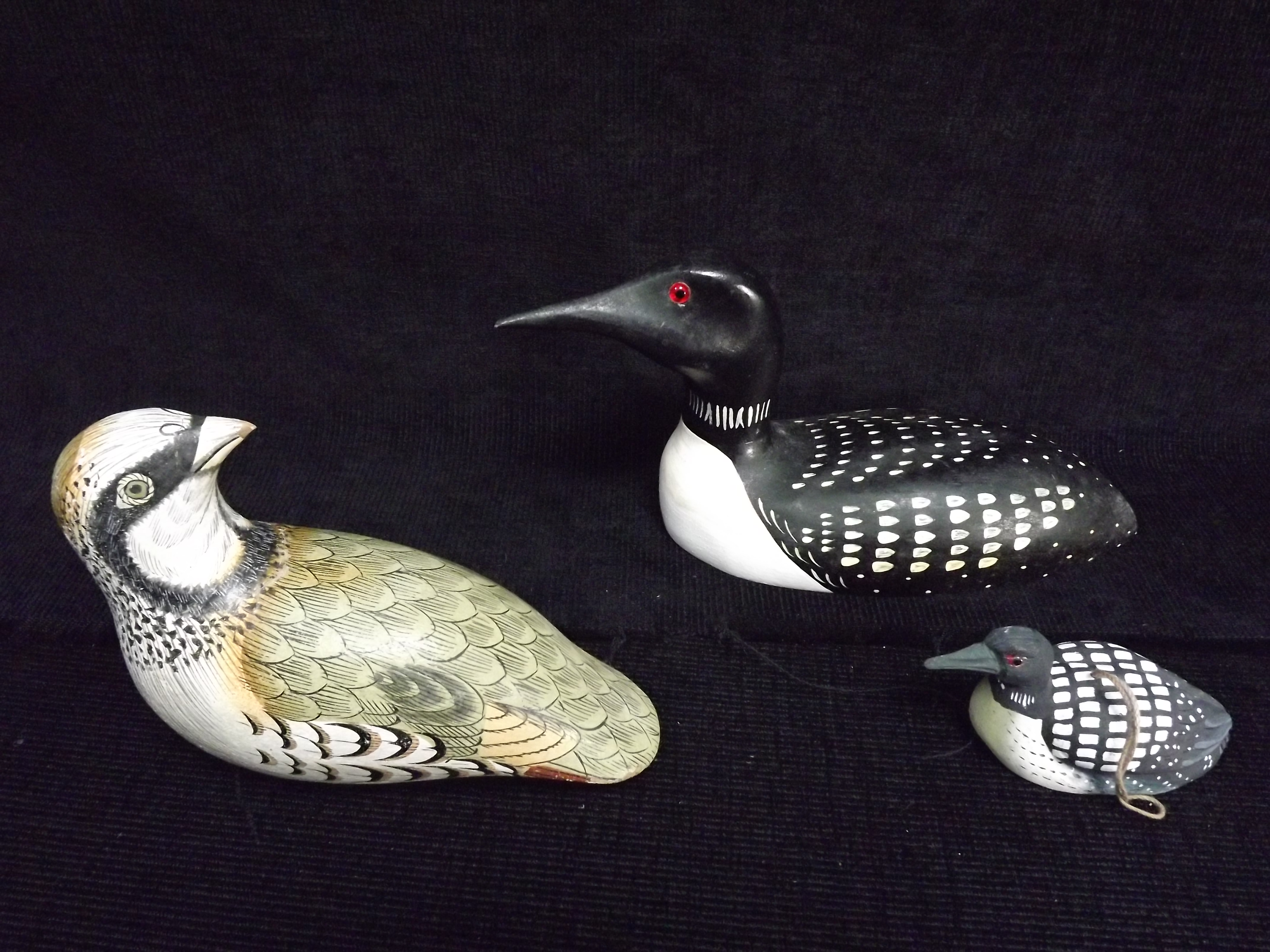 3 x North American Canadian Wooden Bird models - 2 x 'Common Loon' or 'Great Northern Diver' models,