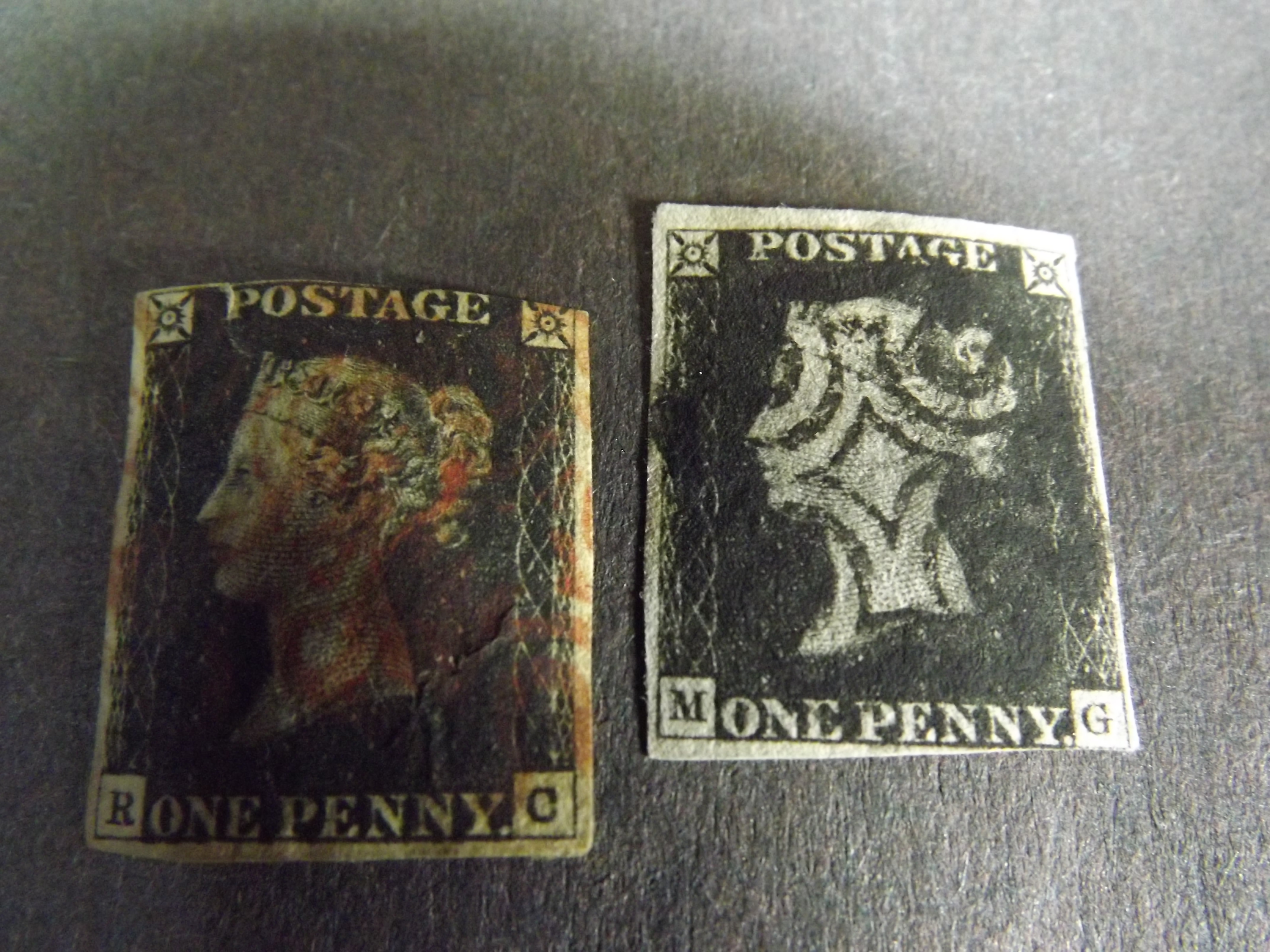 2 x Great British 'Penny Black' Postage Stamps. Queen Victoria c1840's. Report - GB two QV 1840s