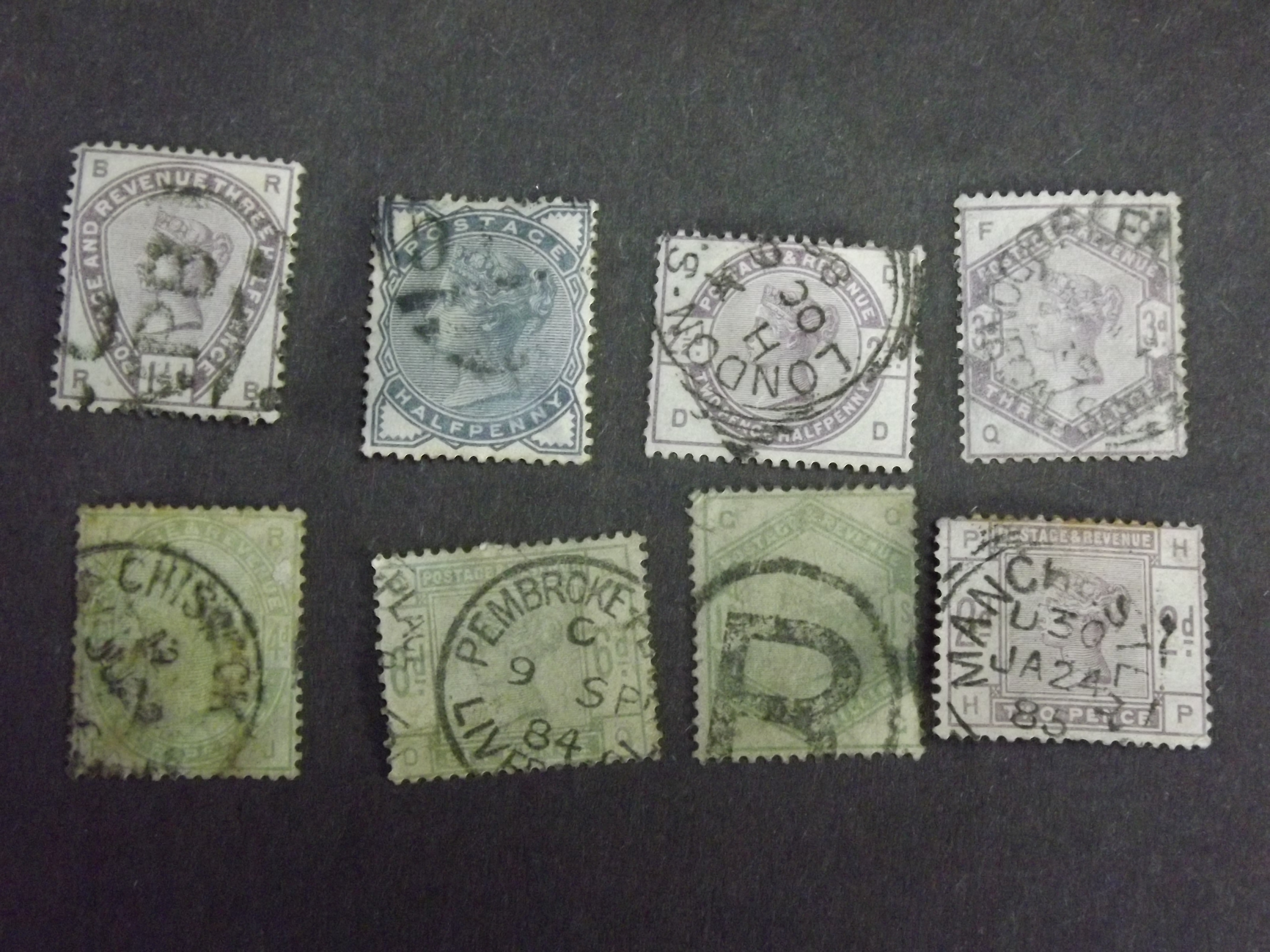 8 x Great British Used Stamps. Queen Victoria 19th century. Identified Postmarks are London,