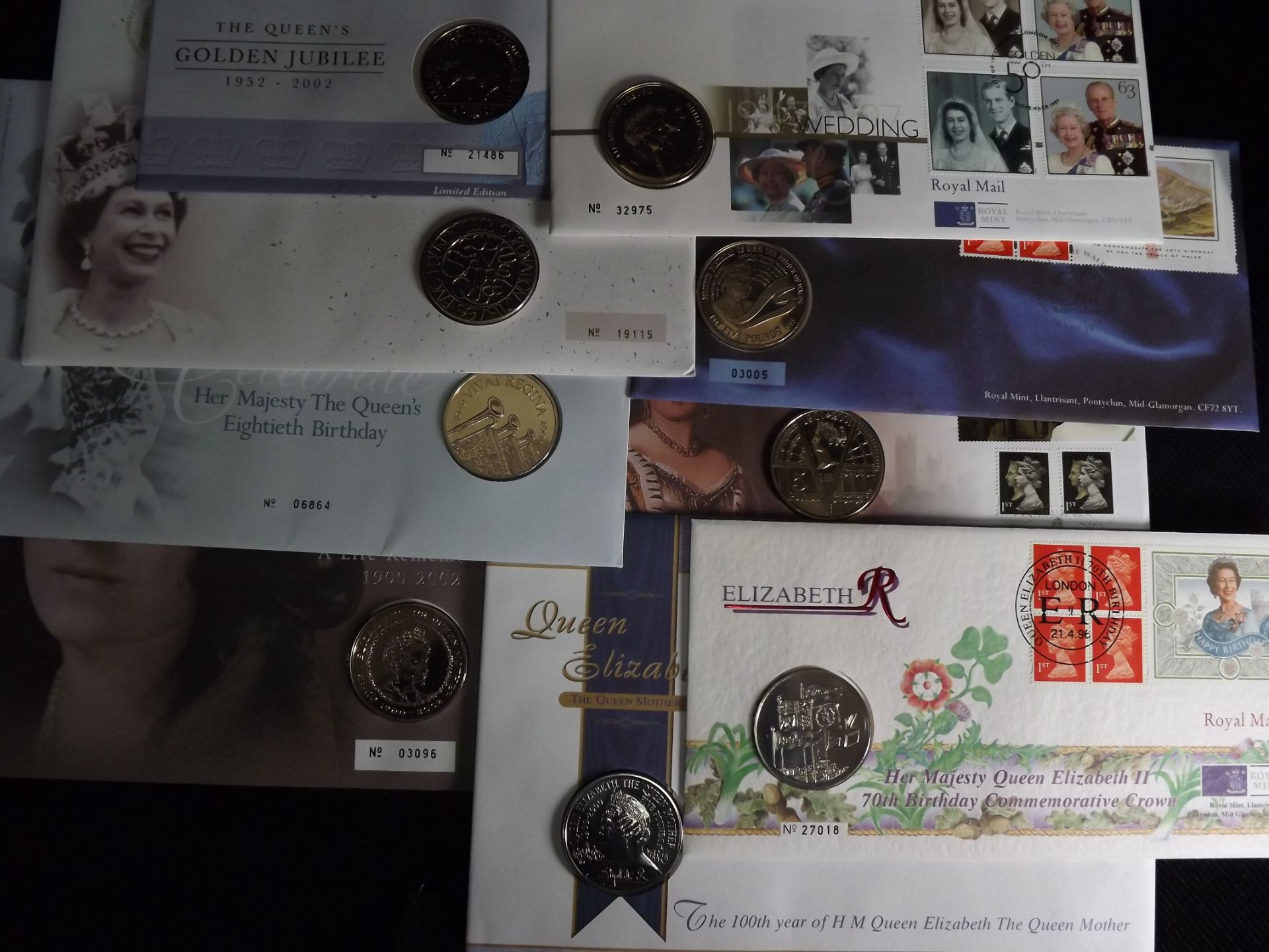 8 x GB Royal Mint Uncirculated £5 Anniversary Coins. Queen Elizabeth II in 8 x Royal Mail Stamp Sets - Image 2 of 5
