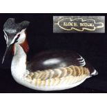 North America / Canada - Mike Wood. 'Great Crested Grebe' Carved Wooden Diving Bird. Last quarter of