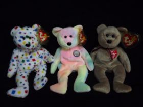 3 x U.S.A. Ty Warner Beanie Babies - '1999 Signature Bear' China 1999 P.E. Pellets Hologram Tag, '