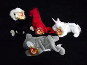 4 x U.S.A. Ty Warner Beanie Babies - 'Mystic' Indonesia 1993 P.V.C. Pellets, 'Mac' China 1999 P.E.