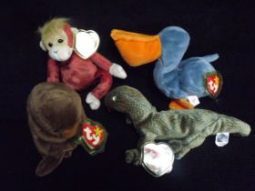 4 x U.S.A. Ty Warner Beanie Babies - 'Seaweed' Indonesia 1995 P.V.C. Pellets, 'Scoop' Indonesia 1996