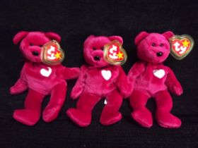 3 x U.S.A. Ty Warner 1999 'Valentina' Beanie Babies. All China with P.E. Pellets Hologram and pink