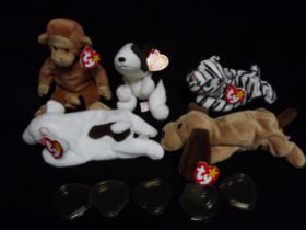 5 x U.S.A. Ty Warner Beanie Babies - 'Butch' China 1999 P.E. Pellets, 'Bones' China 1993 P.E.