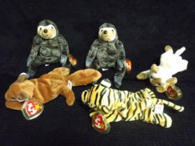 5 x U.S.A. Ty Warner Beanie Babies - 'Stripes' Indonesia 1995 P.E. Pellets, 'Sly' China 1996 P.V.