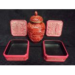Chinese Cinnabar and Metal Lidded Vase with 2 x Hong Kong The Peninsular square lidded Trinket Boxes