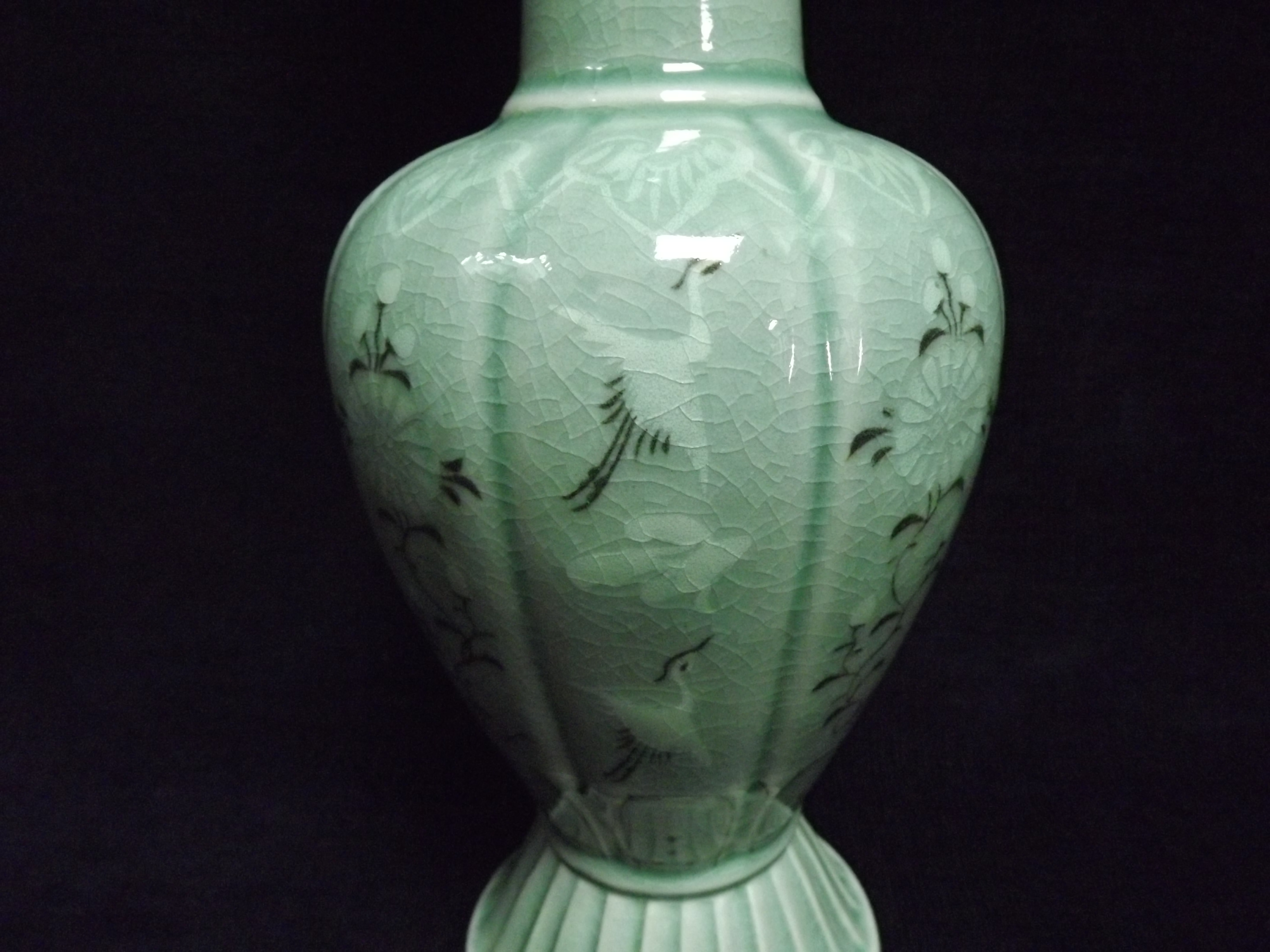 Chinese Celadon Glaze "Storks & Flower" Vase. Buddhist Lingzhi head borders, with Lotus Flowers - Image 4 of 14