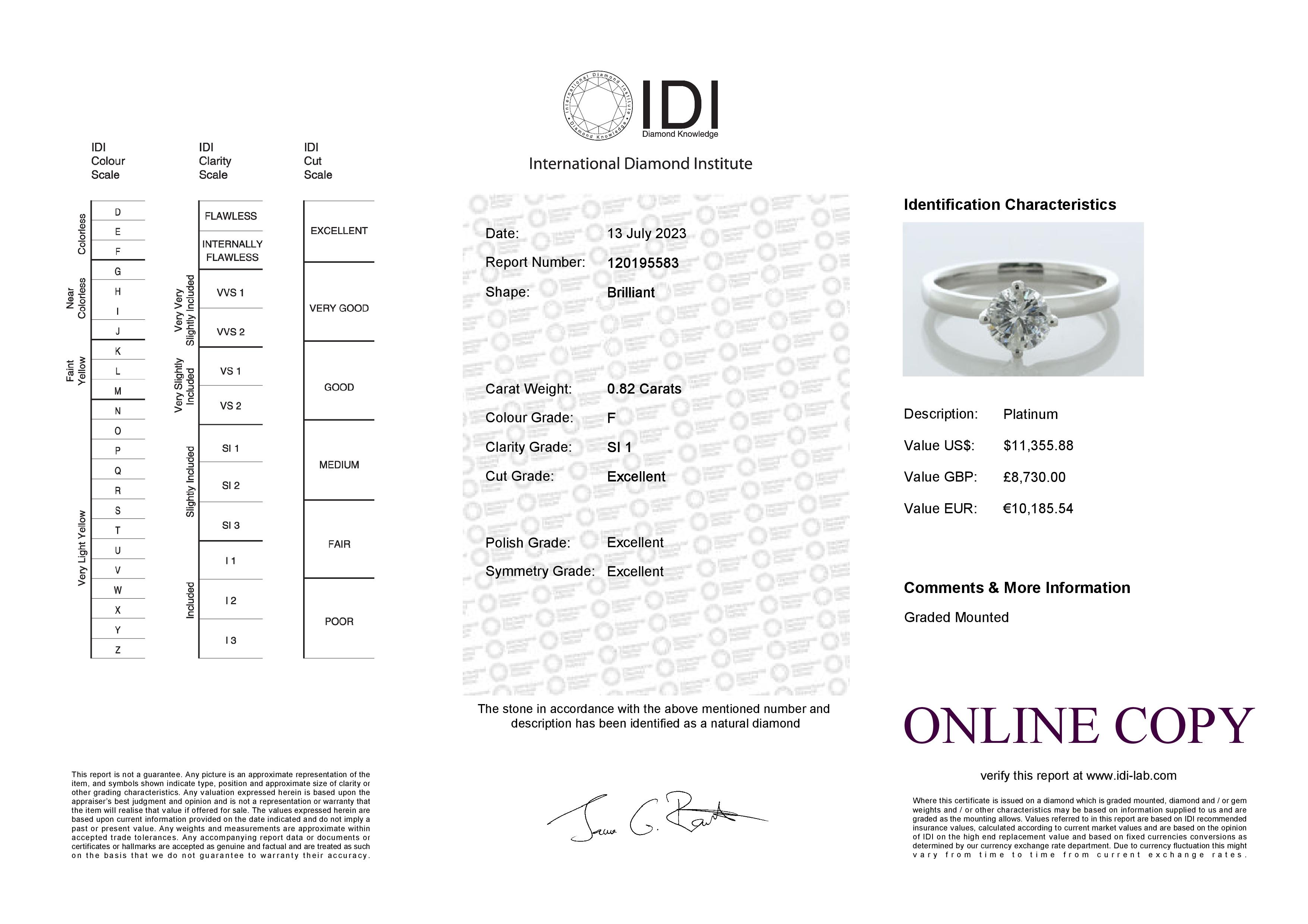 Platinum Single Stone Fancy Claw Set Diamond Ring 0.82 Carats - Valued By IDI £8,730.00 - A 0.82 - Image 5 of 5