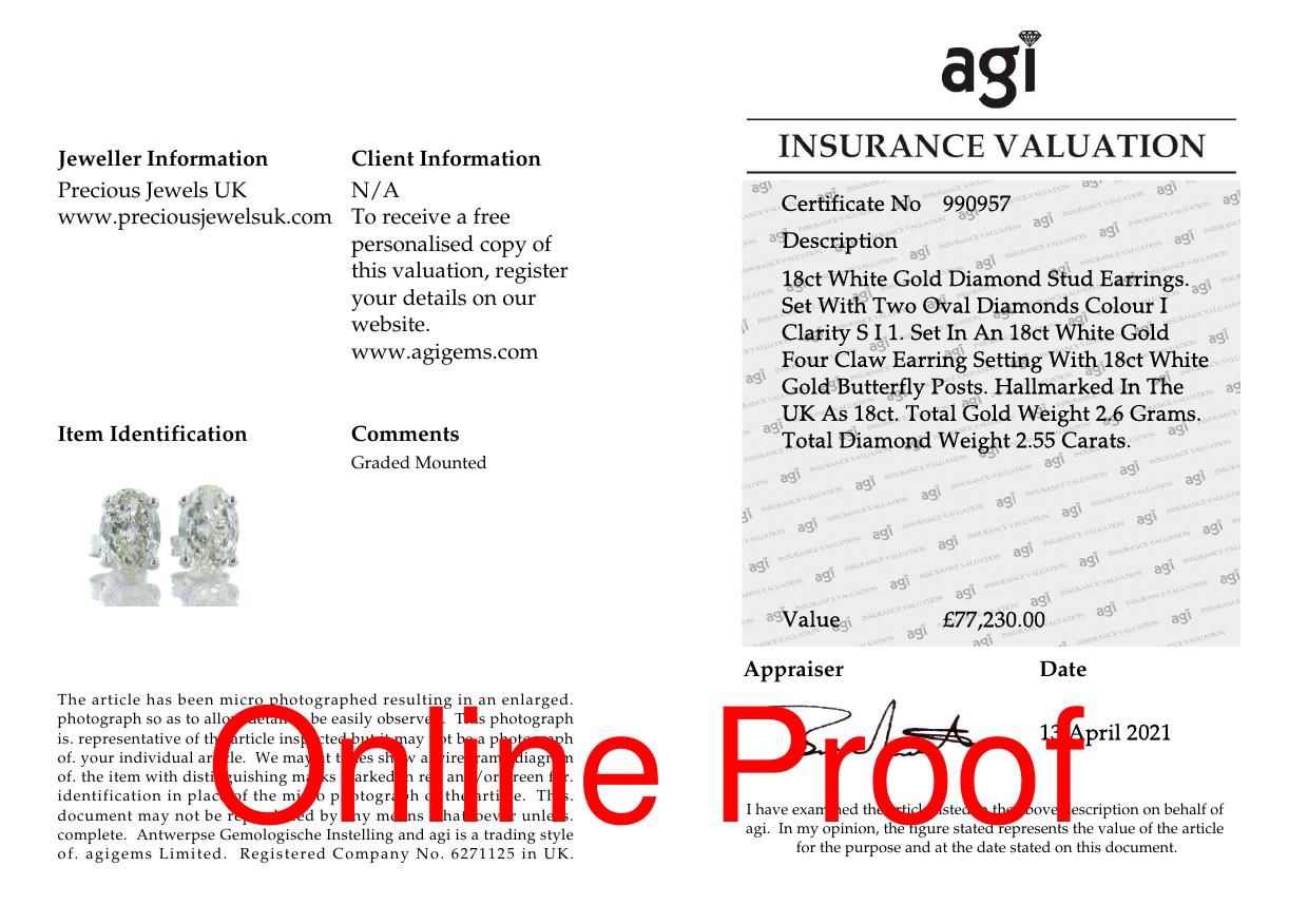 18ct White Gold Single Stone Oval Cut Diamond Earring 2.55 Carats - Valued By AGI £77,230.00 - Two - Image 4 of 4