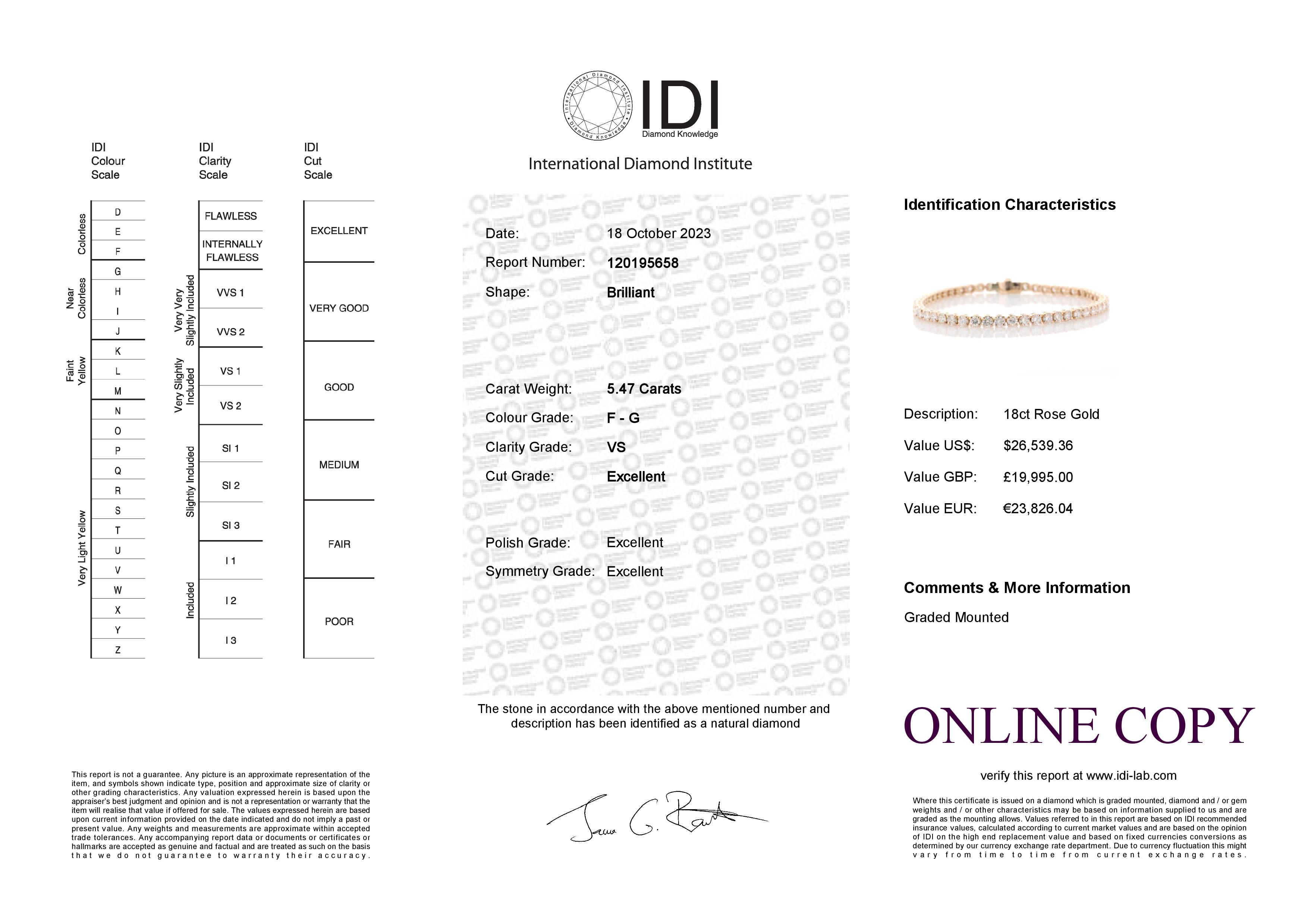 18ct Rose Gold Tennis Diamond Bracelet 5.47 Carats - Valued By IDI £19,995.00 - Fifty two round - Image 4 of 4