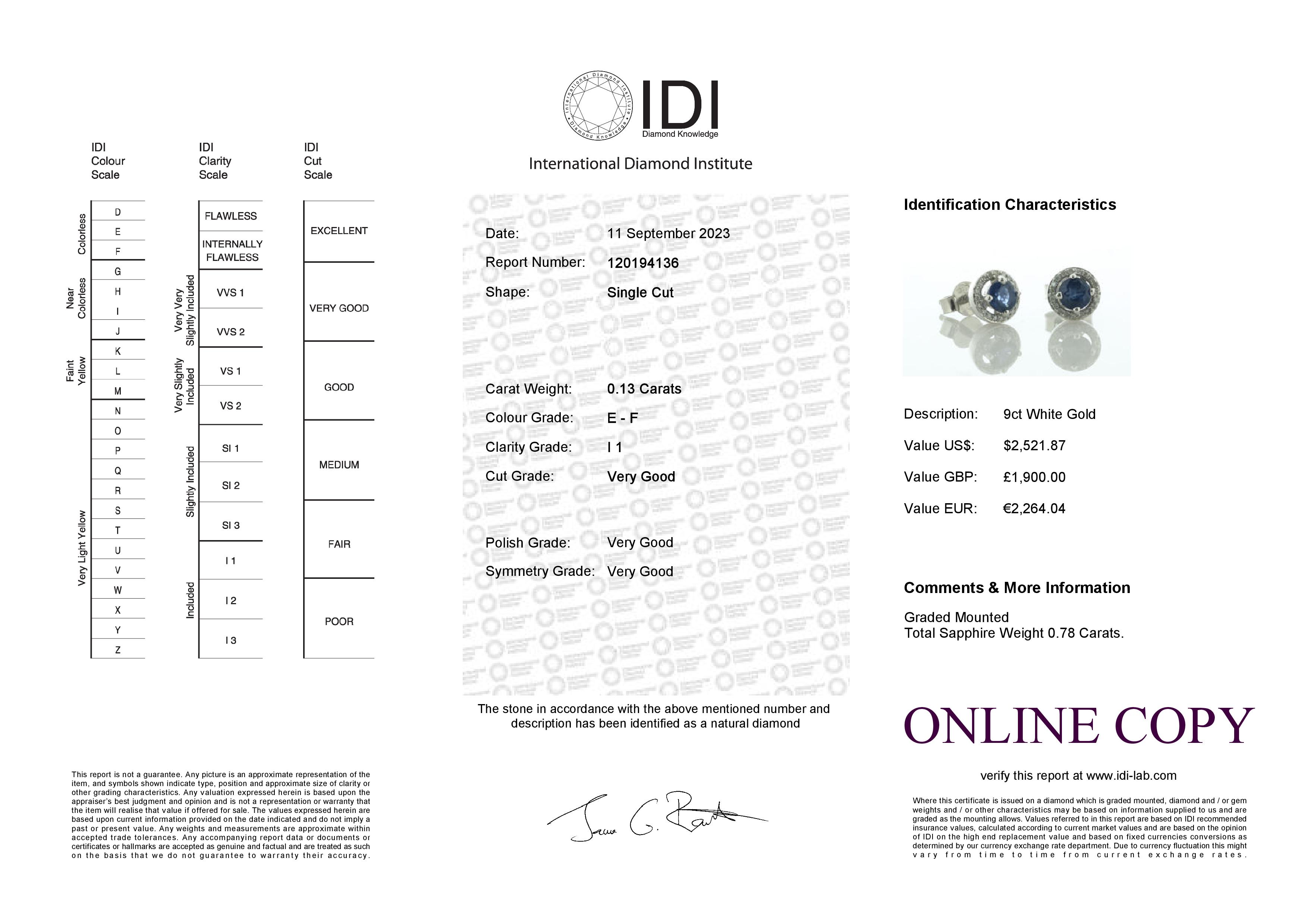 9ct White Gold Single Stone With Halo Sapphire Diamond Stud Earring (S0.51) 0.10 Carats - Valued - Image 4 of 4