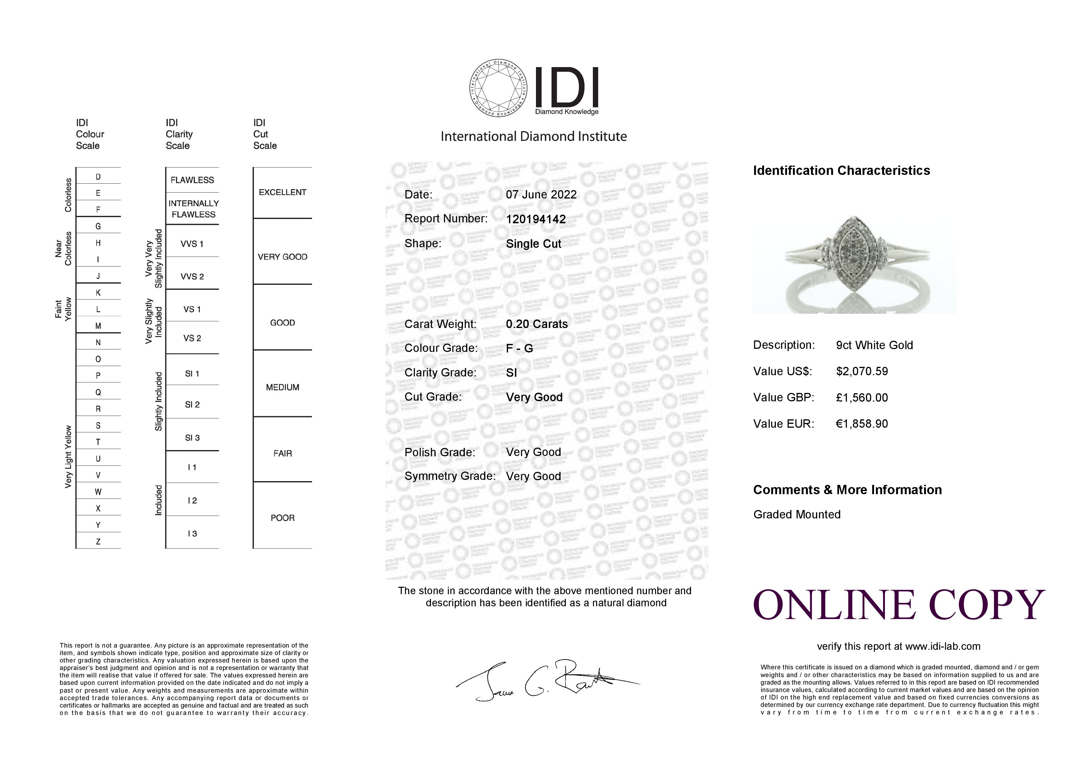 9ct White Gold Marquise Cluster Diamond Ring 0.20 Carats - Valued By IDI £1,560.00 - Thirteen single - Image 6 of 6