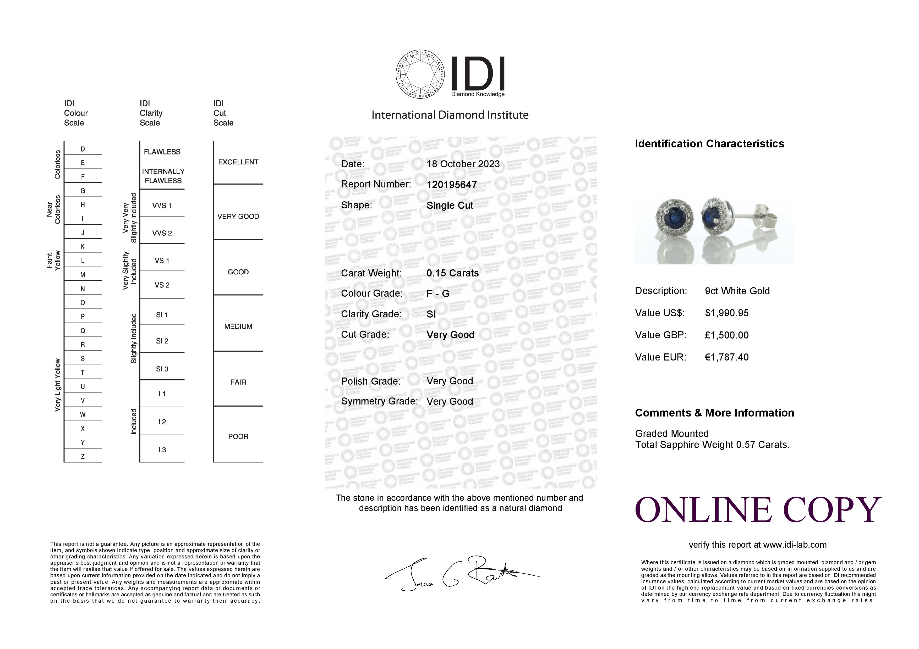 9ct White Gold Single Stone With Halo And Sapphire Stud Earring (S0.57) 0.15 Carats - Valued By - Image 4 of 4