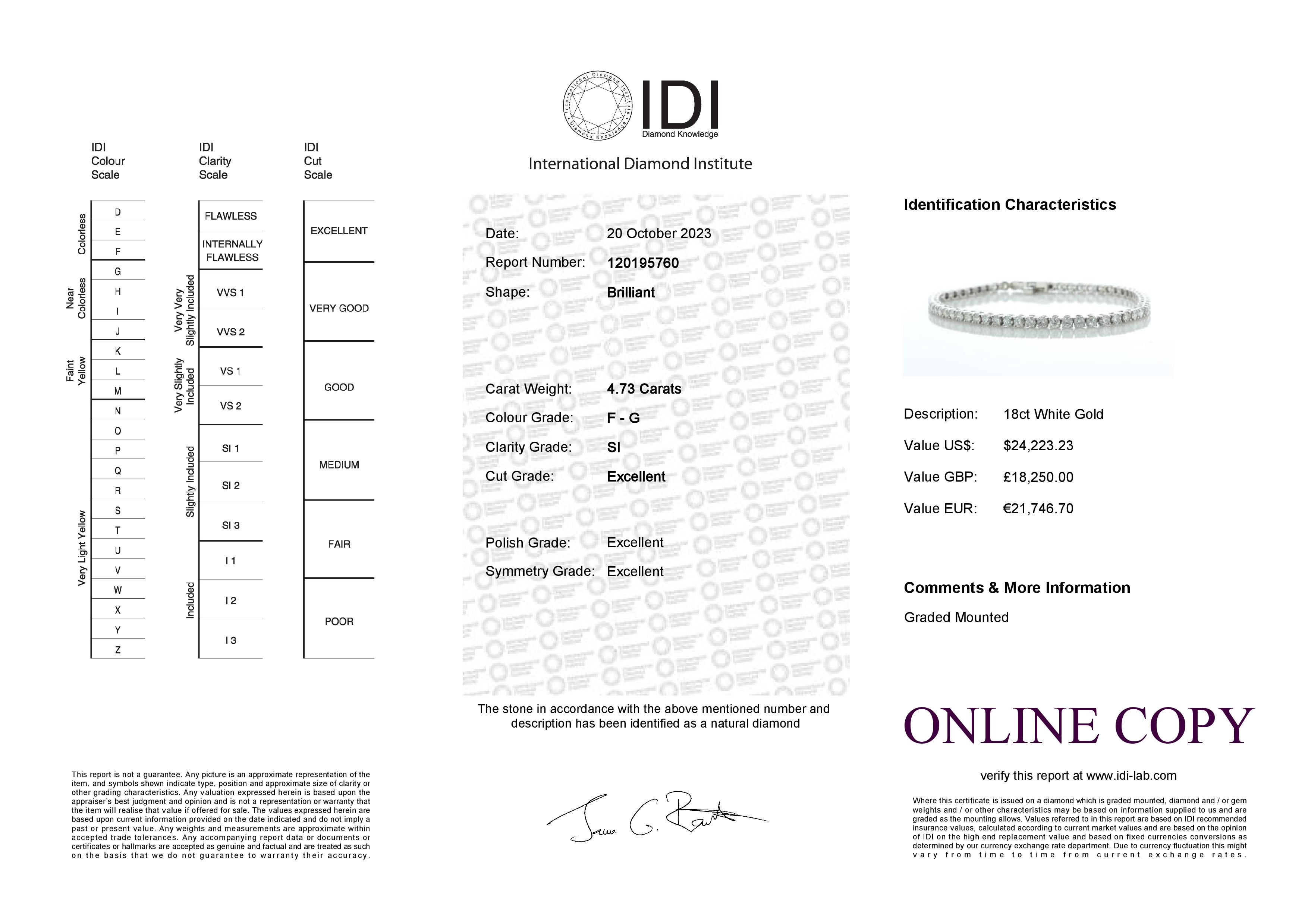 18ct White Gold Tennis Diamond Bracelet 4.73 Carats - Valued By IDI £18,250.00 - Fifty five round - Image 5 of 5