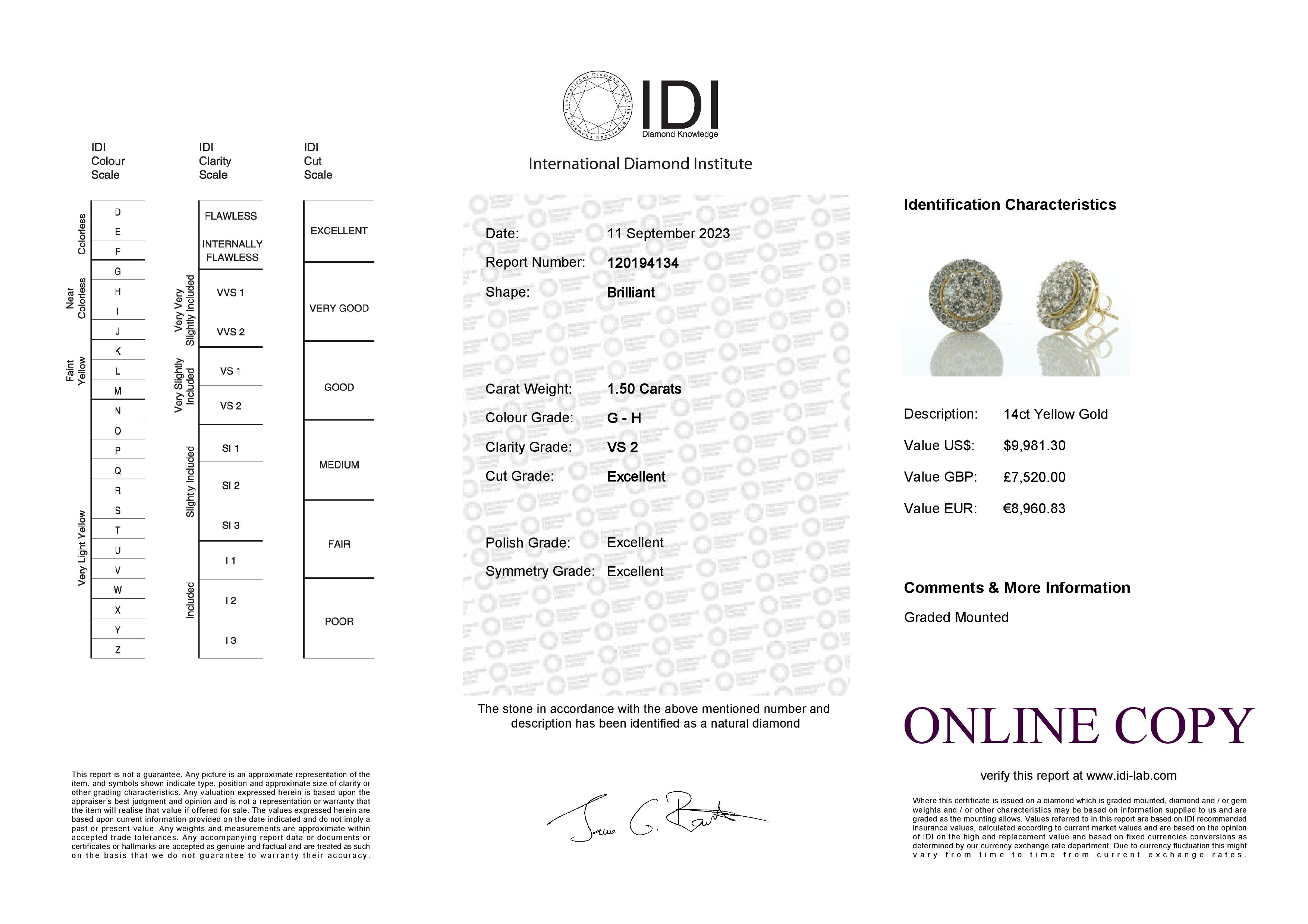 14ct Yellow Gold Round Cluster Diamond Stud Earring 1.50 Carats - Valued By IDI £7,520.00 - These - Image 4 of 4