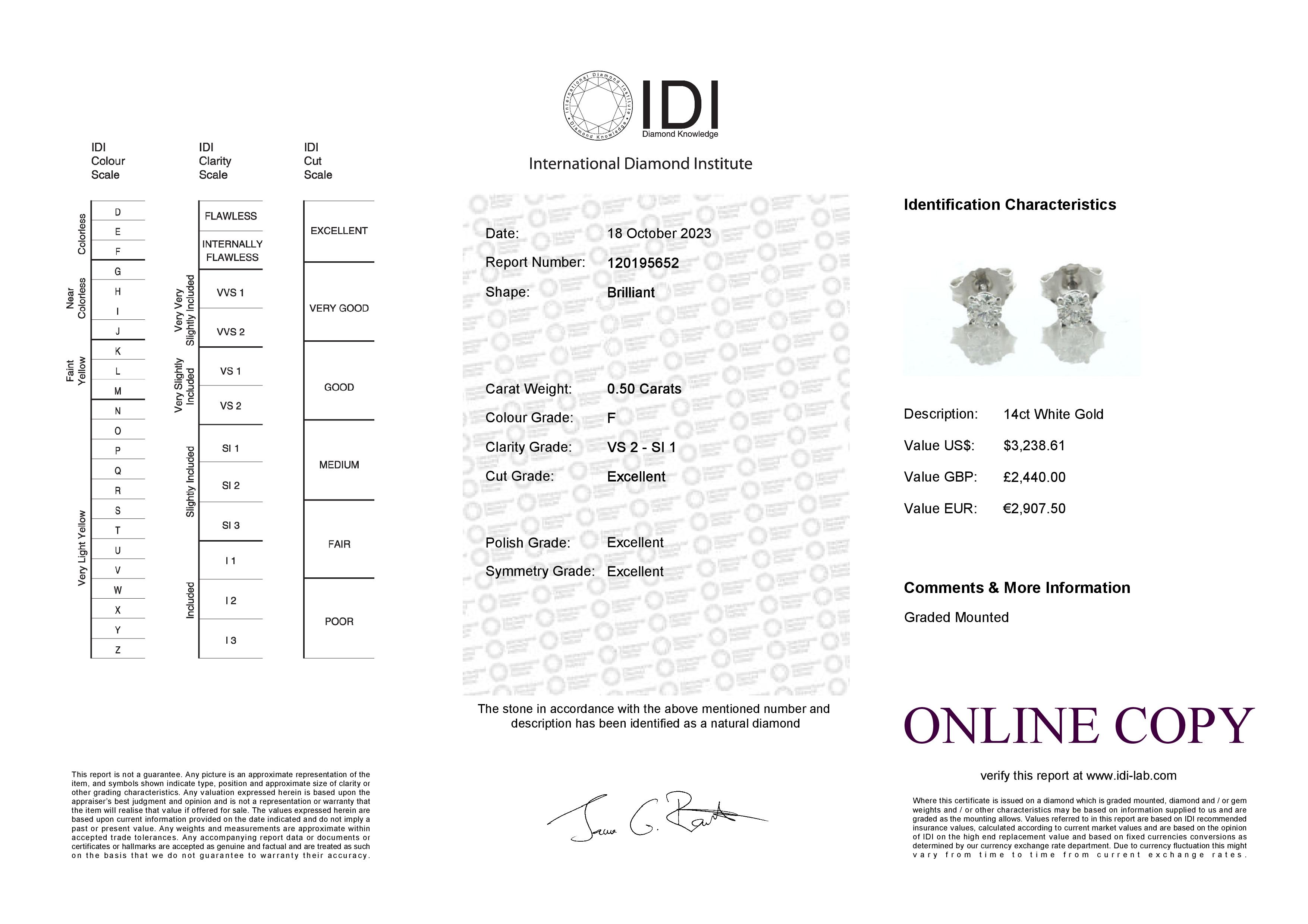 14ct White Gold Single Stone Prong Set Diamond Stud Earring 0.50 Carats - Valued By IDI £2,440. - Image 4 of 4