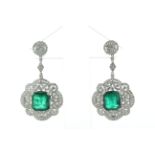 18ct White Gold Art Deco Diamond And Emerald Cluster Earring (E10.7) 4.81 Carats - Valued By IDI £