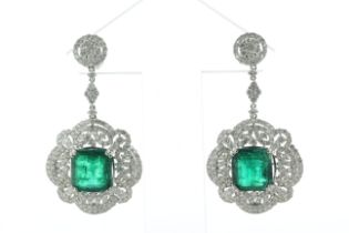 18ct White Gold Art Deco Diamond And Emerald Cluster Earring (E10.7) 4.81 Carats - Valued By IDI £