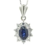 Platinum Oval Cluster Diamond And Sapphire Pendant And Chain (S0.83) 0.50 Carats - Valued By IDI £