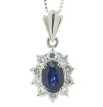 Platinum Oval Cluster Diamond And Sapphire Pendant And Chain (S0.83) 0.50 Carats - Valued By IDI £