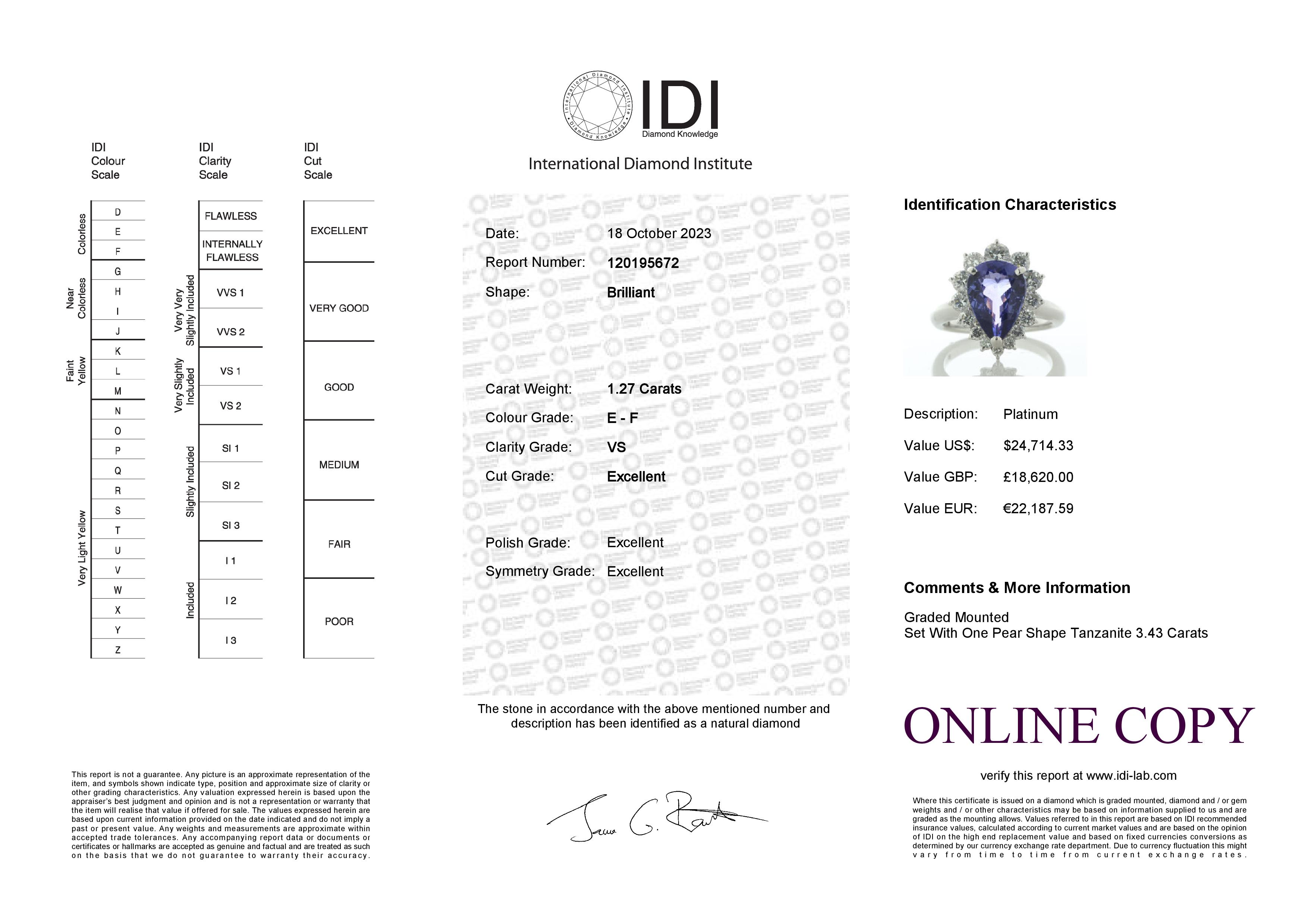 Platinum Pear Cluster Claw Set Tanzanite And Diamond Ring (T3.43) 1.27 Carats - Valued By IDI £18, - Image 5 of 5