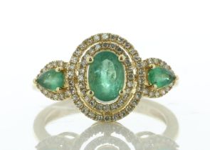 14ct Yellow Gold Oval Emerald Halo and Shoulders Diamond Ring (E1.10) 0.35 Carats - Valued By AGI £