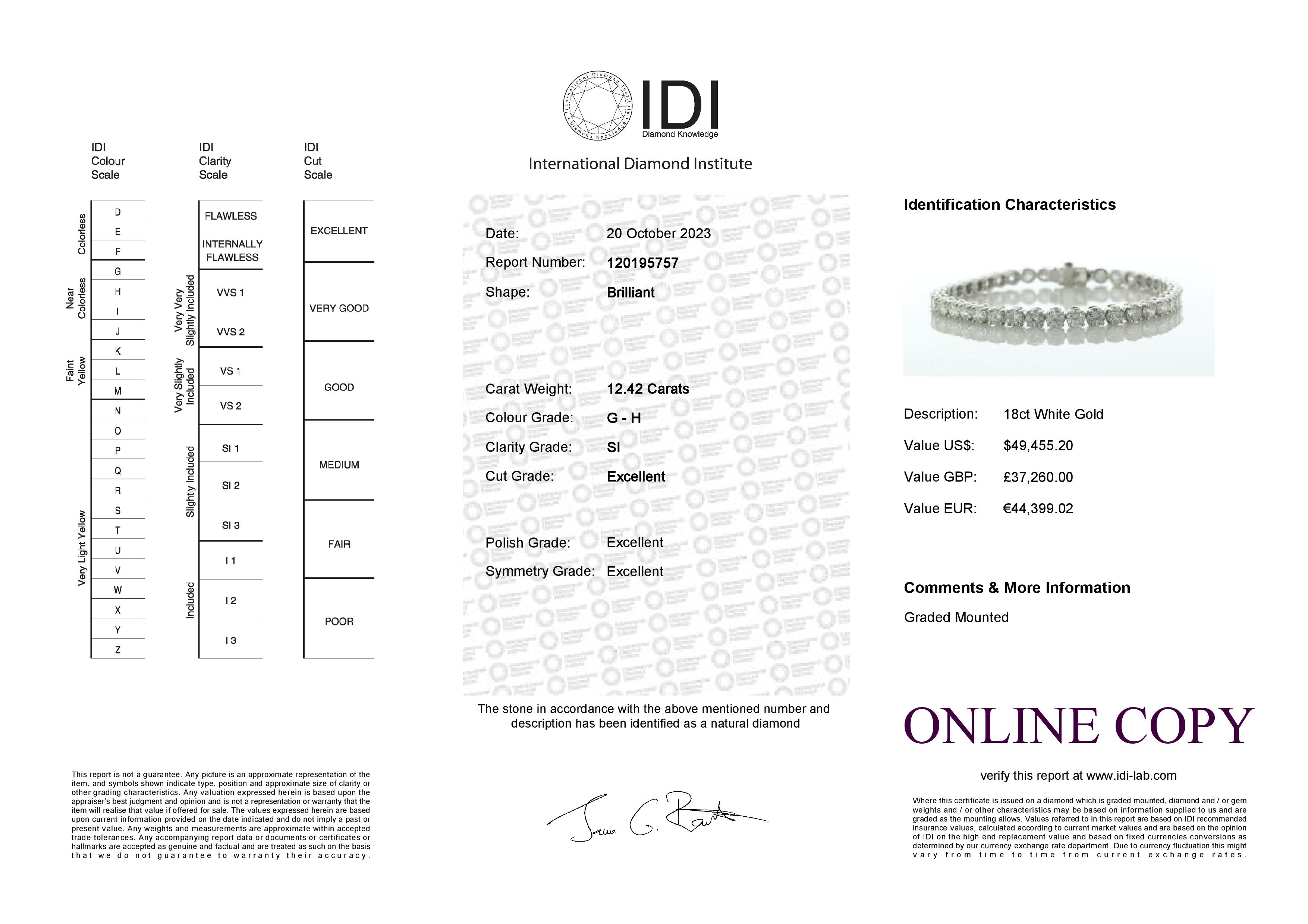 18ct White Gold Tennis Diamond Bracelet 12.42 Carats - Valued By IDI £37,260.00 - Forty round - Image 4 of 4