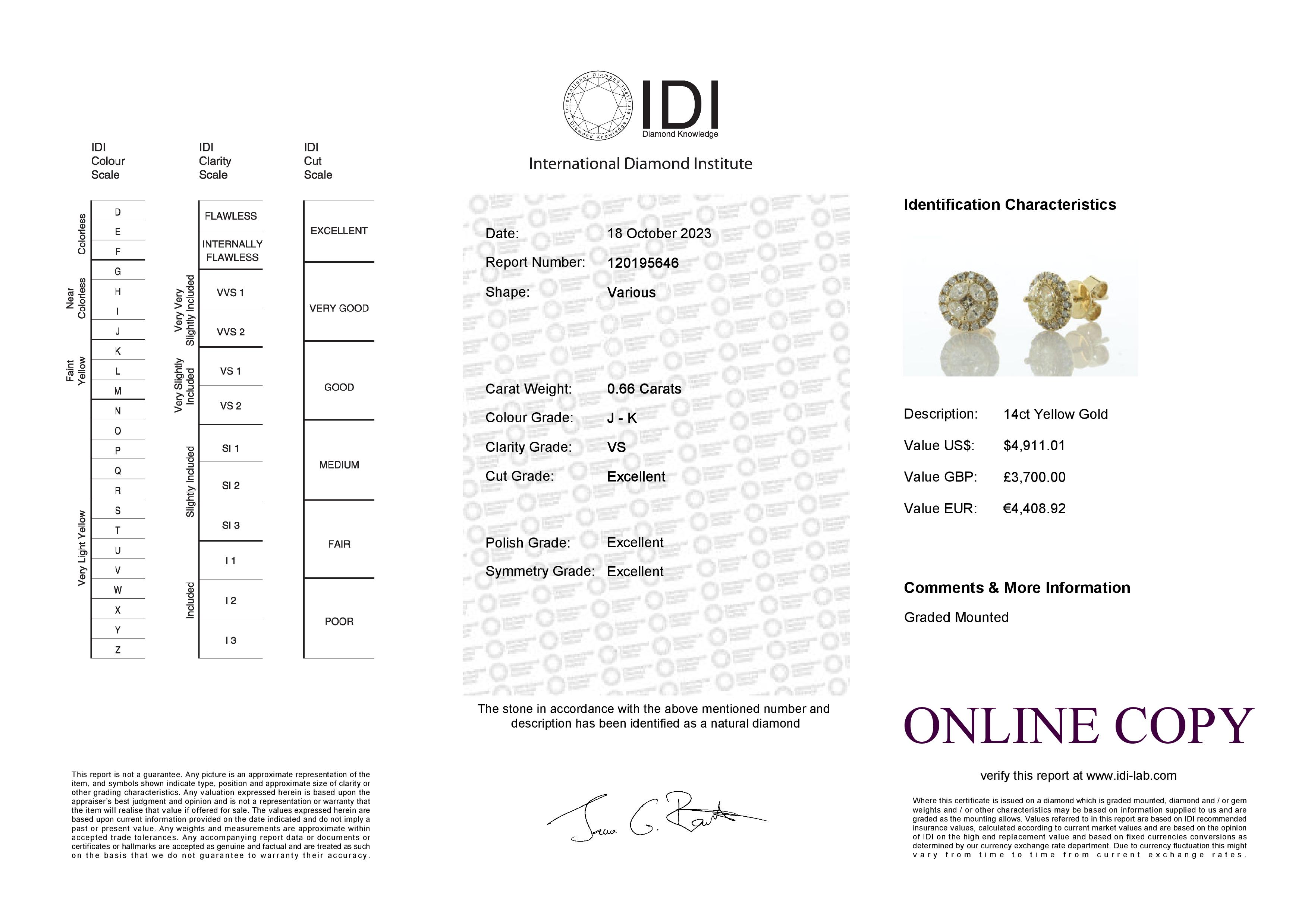 14ct Yellow Gold Cluster Diamond Stud Earring 0.66 Carats - Valued By IDI £3,700.00 - One princess - Image 4 of 4