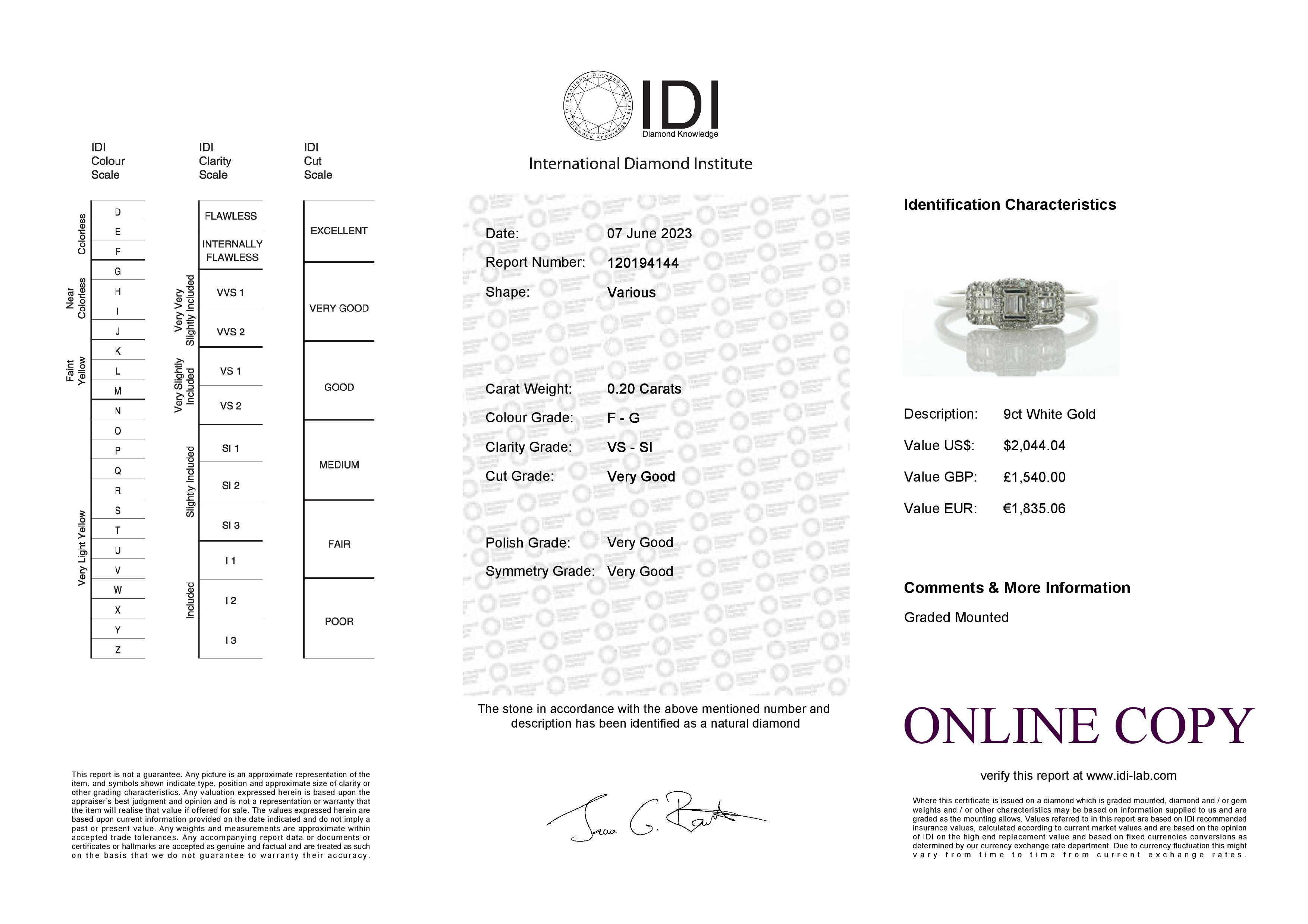 9ct White Gold Three Stone Diamond Ring 0.20 Carats - Valued By IDI £1,540.00 - Two baguette cut - Image 6 of 6