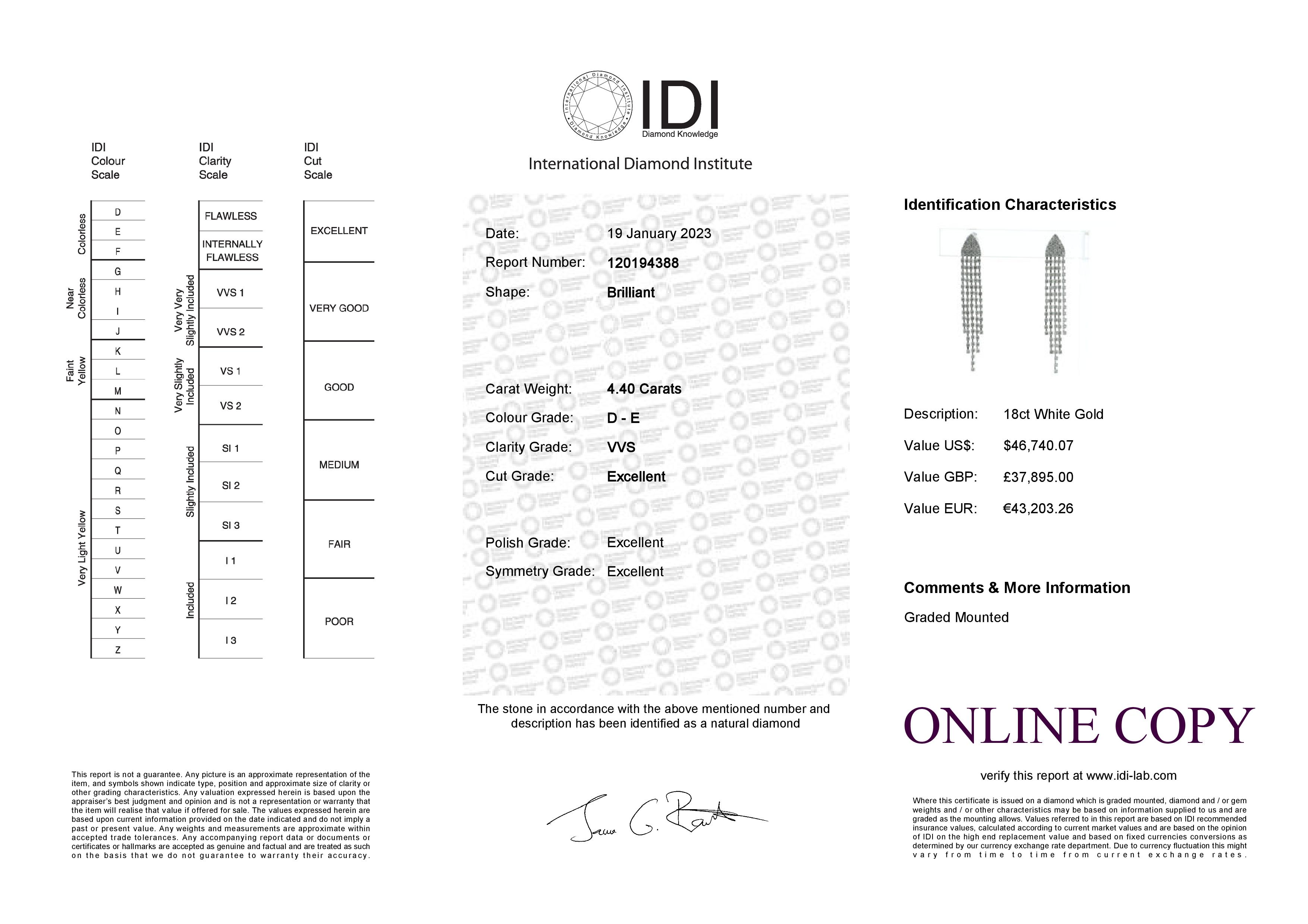 18ct White Gold Diamond Drop Earring 4.40 Carats - Valued By IDI £37,895.00 - One hundred and eighty - Image 5 of 5
