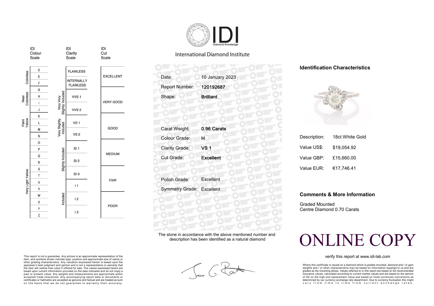 18ct White Gold Halo Set Ring 0.96 Carats - Valued By IDI £15,660.00 - One natural round brilliant - Image 9 of 10