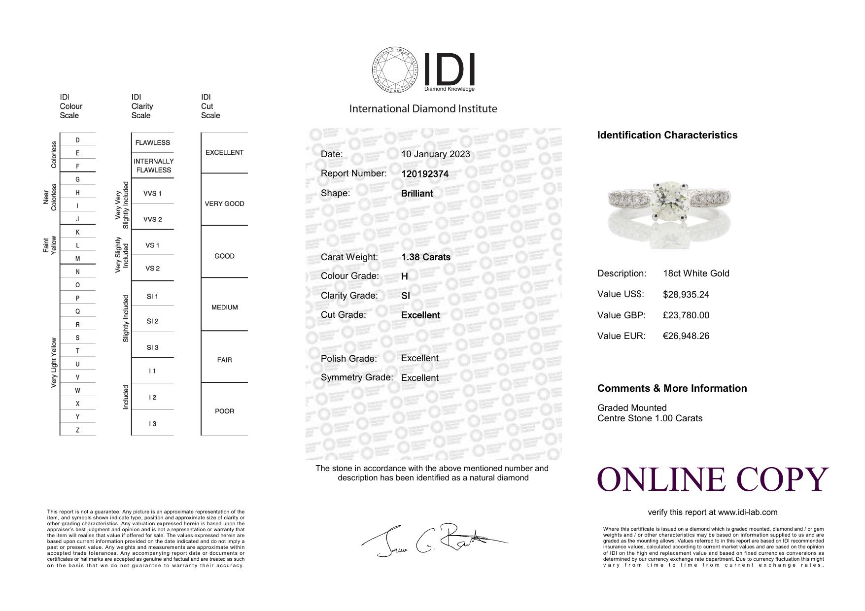 18ct White Gold Diamond Ring With Stone Set Shoulders 1.38 Carats - Valued By IDI £23,780.00 - A - Image 10 of 10