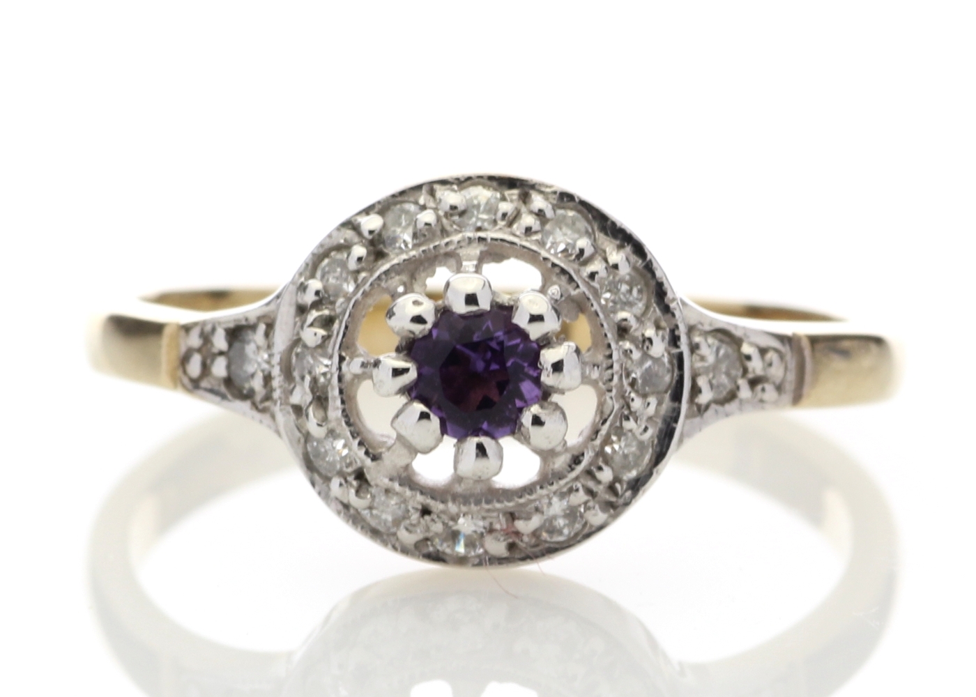 9ct Yellow Gold Round Cluster Claw Set Diamond Amethyst Ring (A 0.15) 0.21 Carats - Valued By AGI £