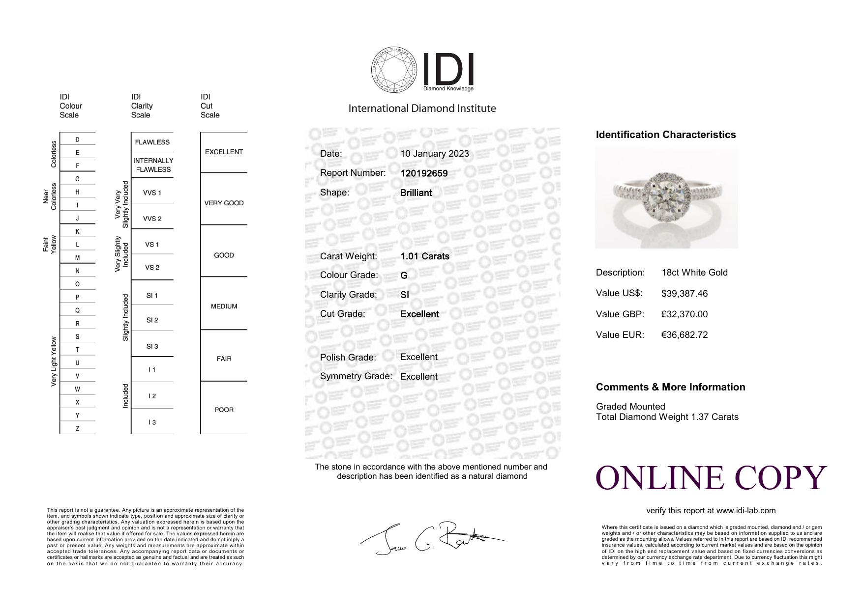 18ct White Gold Single Stone With Halo Setting Ring (1.01) 1.37 Carats - Valued By IDI £32,370. - Image 5 of 5