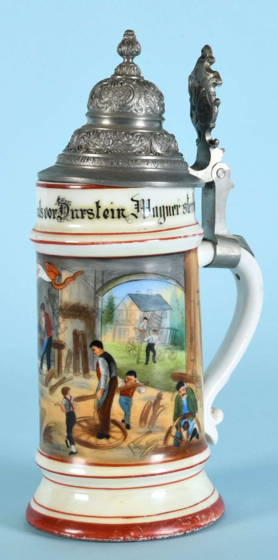 Bierkrug mit Zinndeckel - Zunftkrug der Wagner
