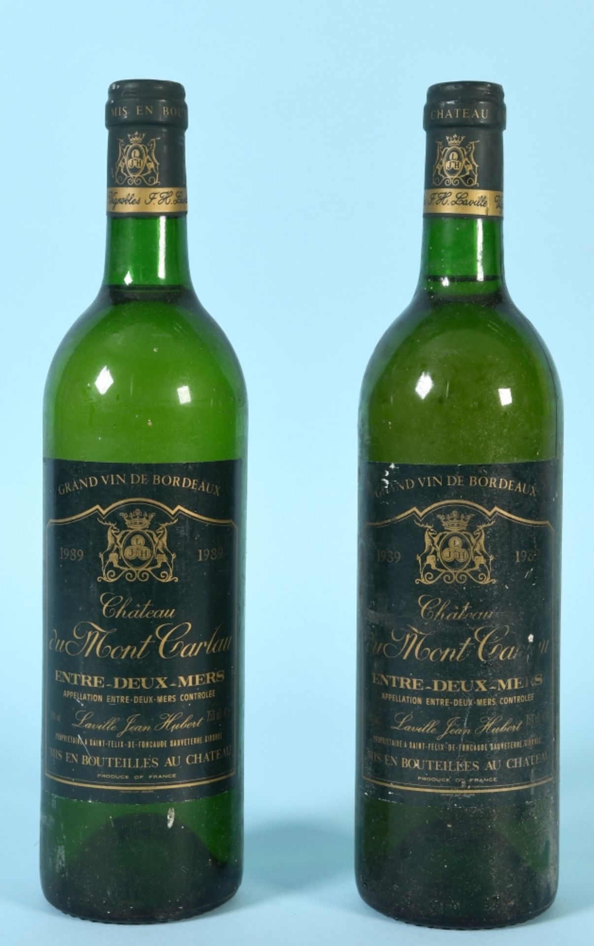 Weinflaschen, 2 Stück "Chateau du Mont Carlau 1989"