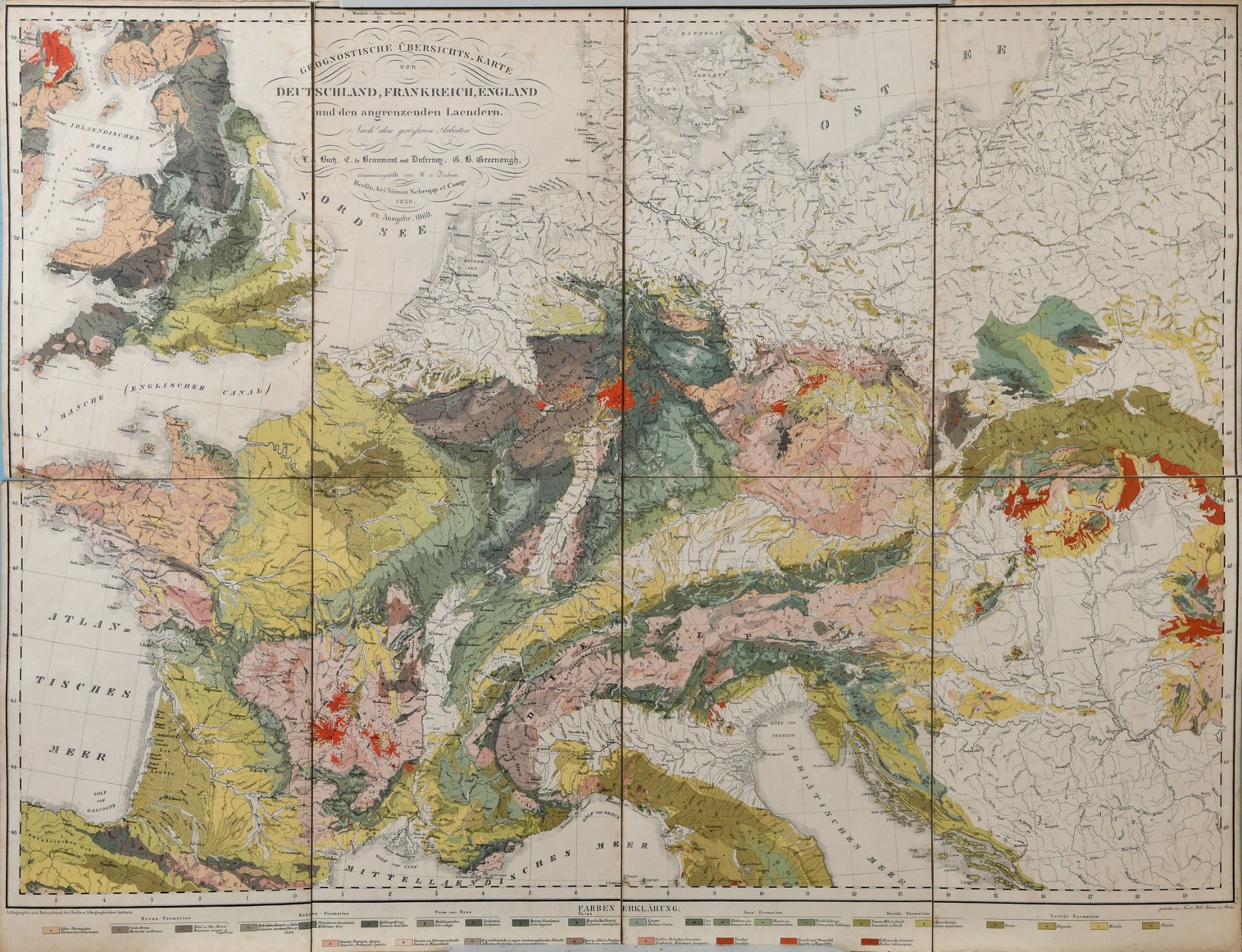 Landkarte " Geognostische Übersichts-Karte von Deutschland, Frankreich, England" - Bild 3 aus 6