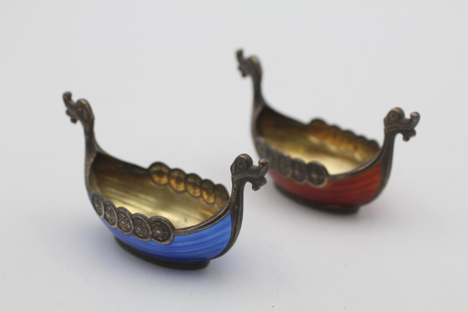 2 x Vintage Stamped .925 Norway STERLING SILVER Viking Longboat Enamel Salts 53g