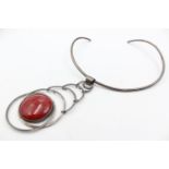 .925 Modernist Torque Necklace With Coral Set Pendant, Unsigned (25g)